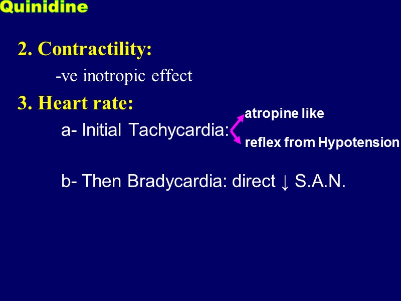 2. Contractility:      -ve inotropic effect 3. Heart rate: 